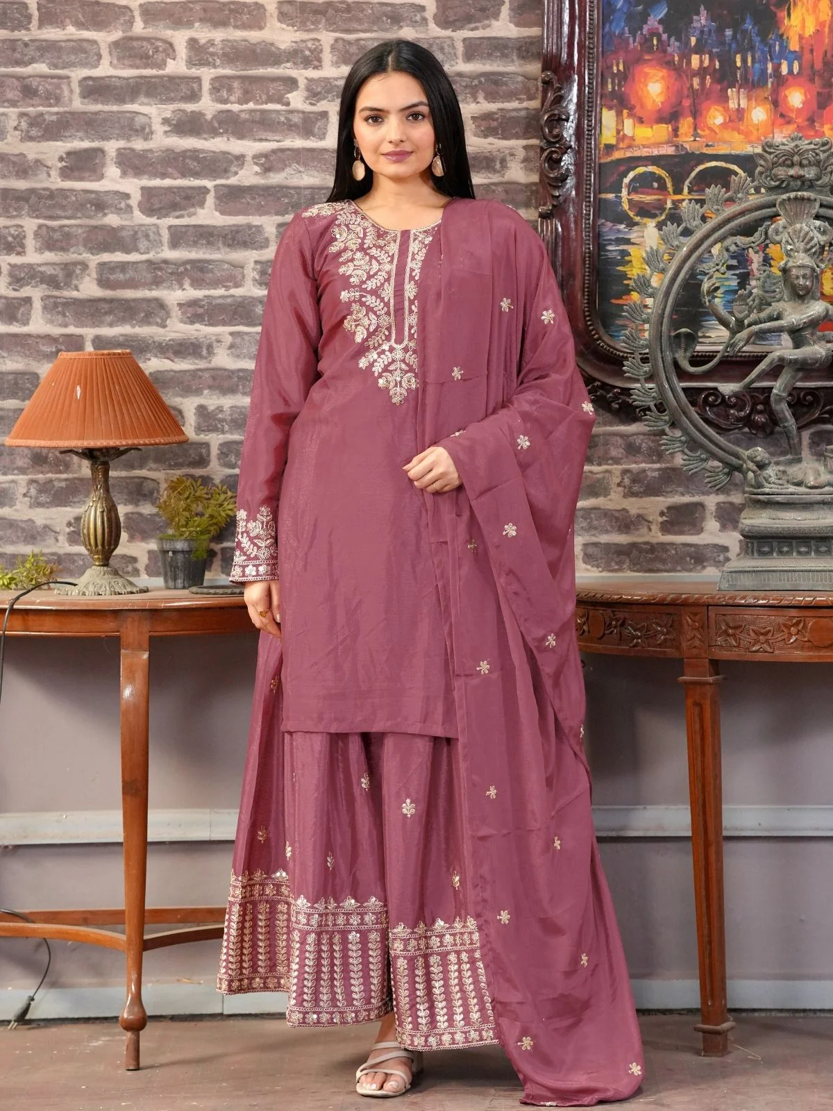 Odette Blush Pink Chinon Embroidered Stitched Kurta Set For Women