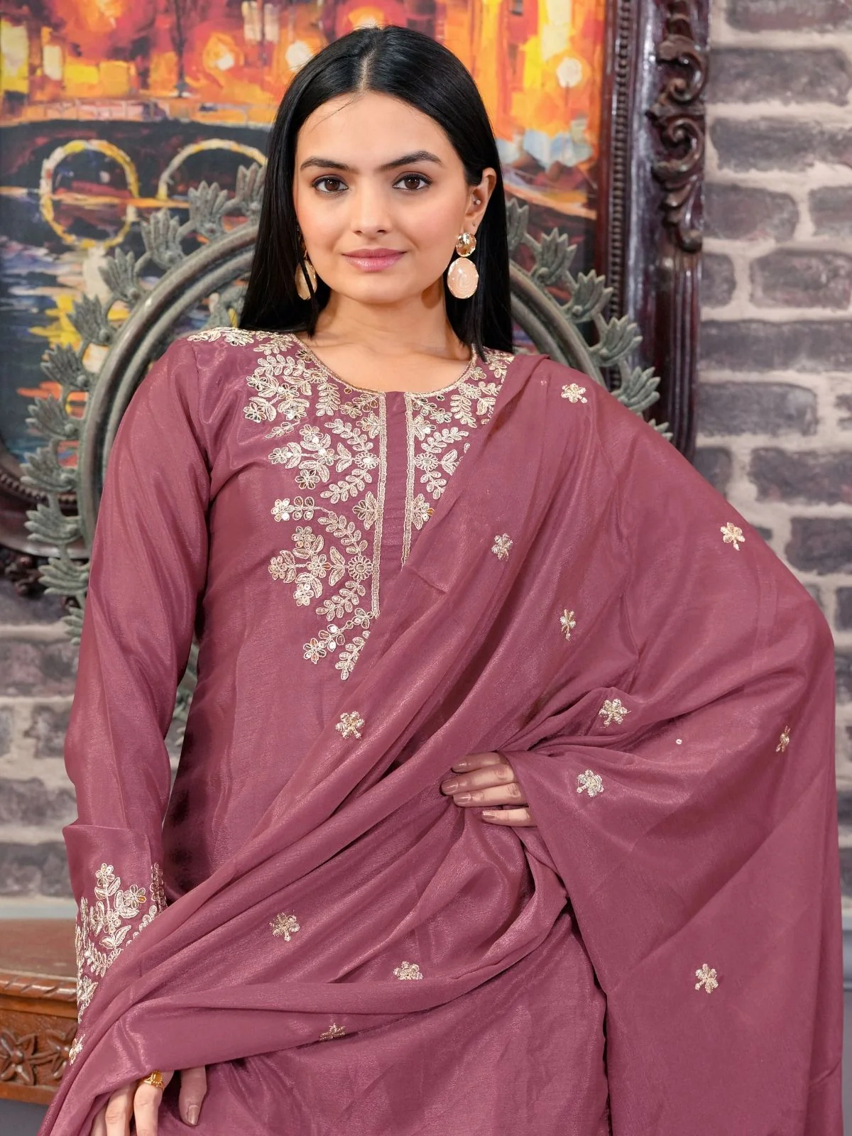Odette Blush Pink Chinon Embroidered Stitched Kurta Set For Women - Image 3