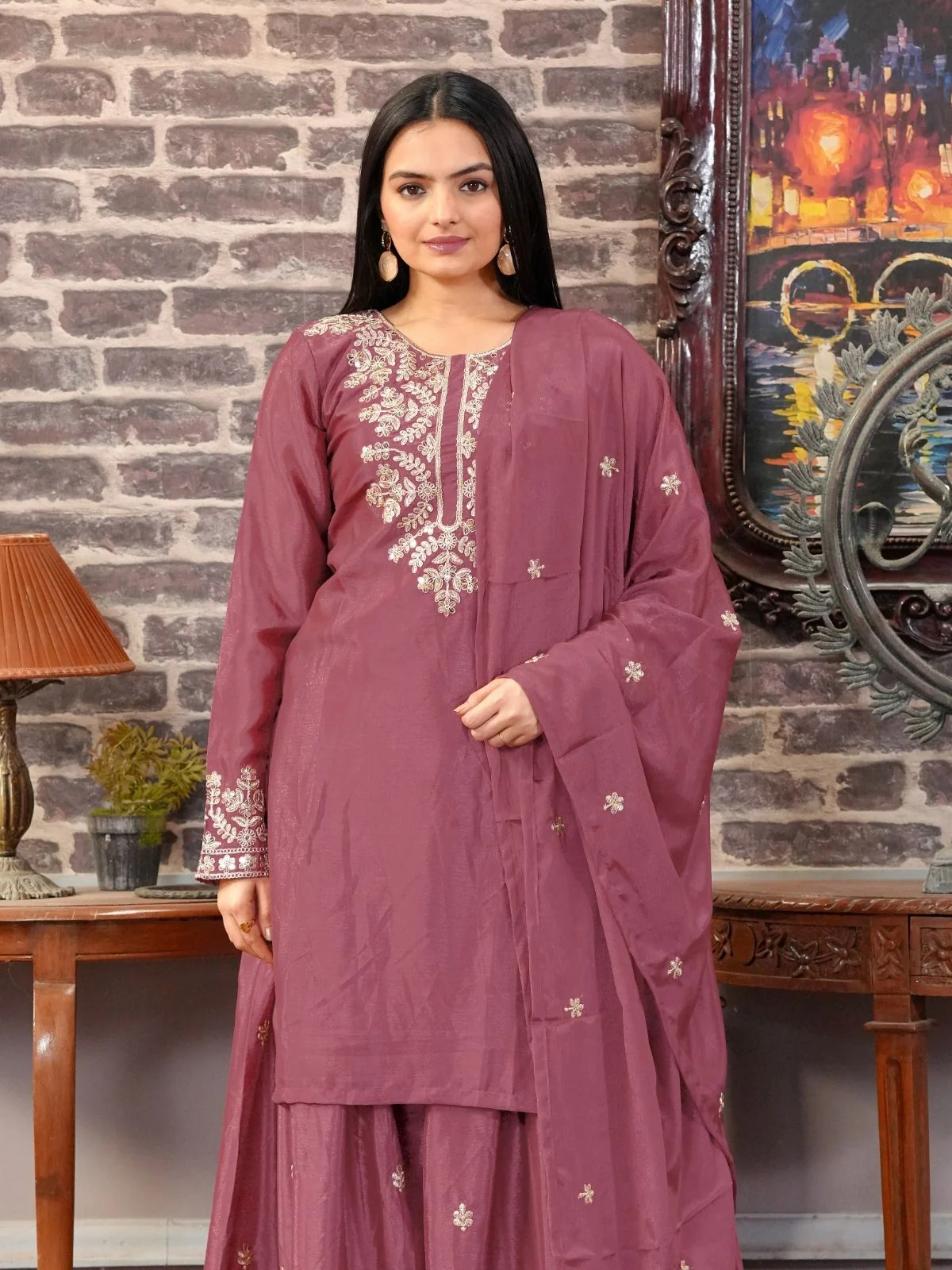Odette Blush Pink Chinon Embroidered Stitched Kurta Set For Women - Image 4