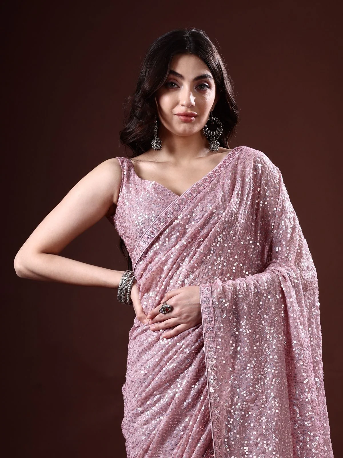 Odette Blush Pink Georgette Sequin  Elegant Saree For Women - Image 5
