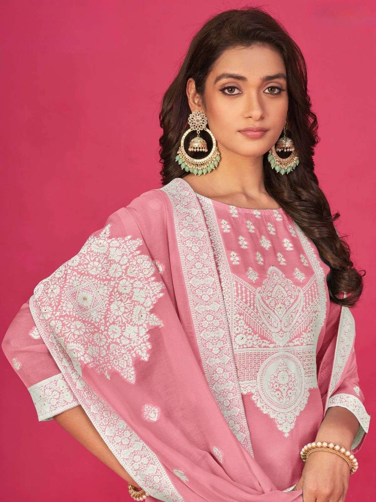 Odette Blush pink Organza Embroidered Semi-Stitched Kurta Set For Women - Image 2