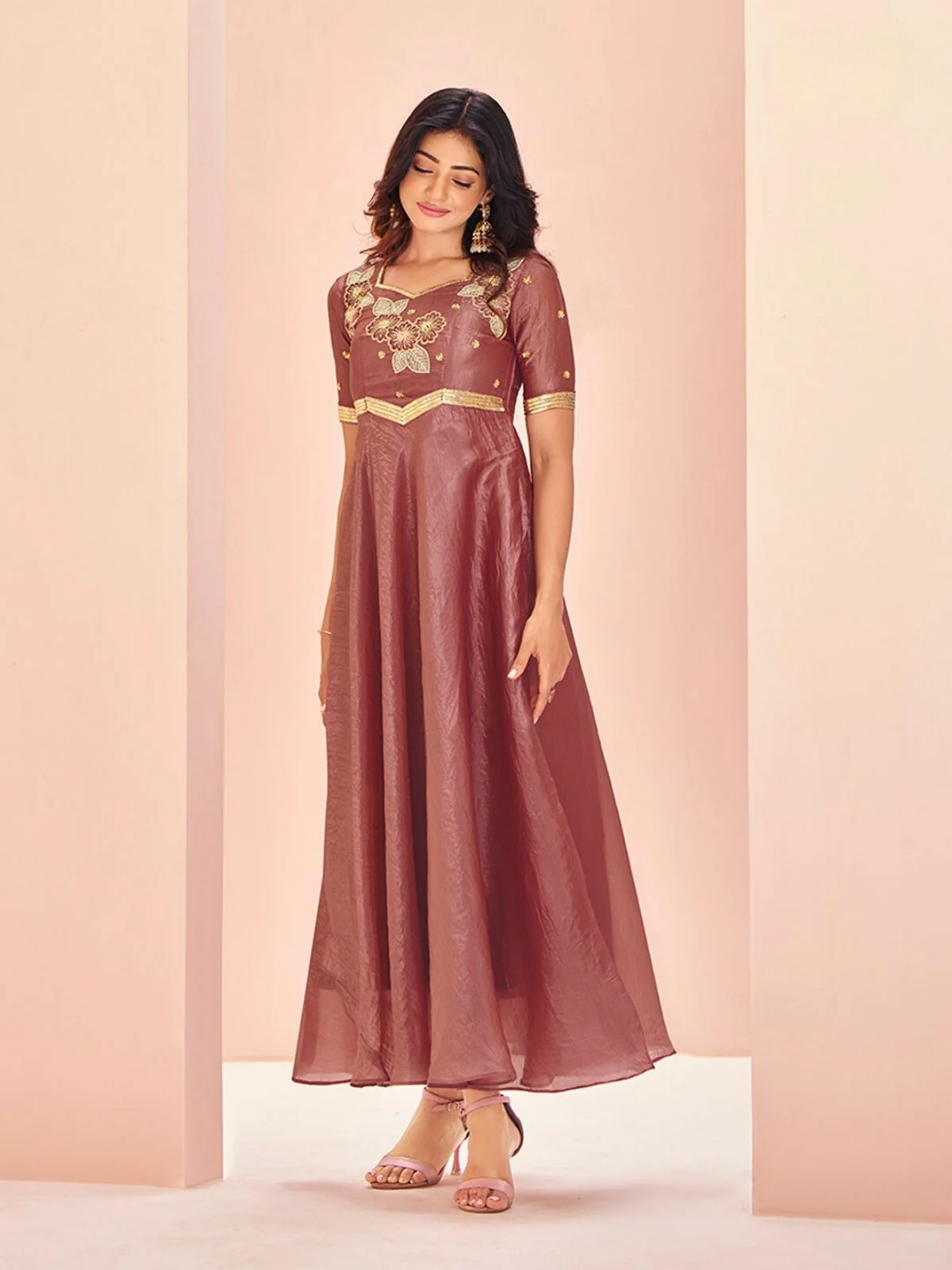 Odette Blush Pink Organza Embroidered Stitched Gown For Women - Image 3