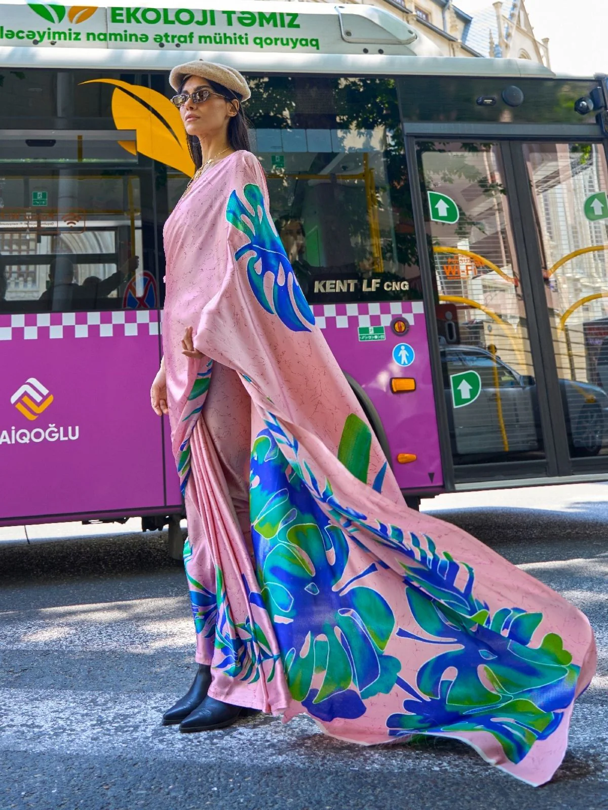 Odette Blush Pink Satin Printed Saree With Unstitched Blouse For Women - Image 2