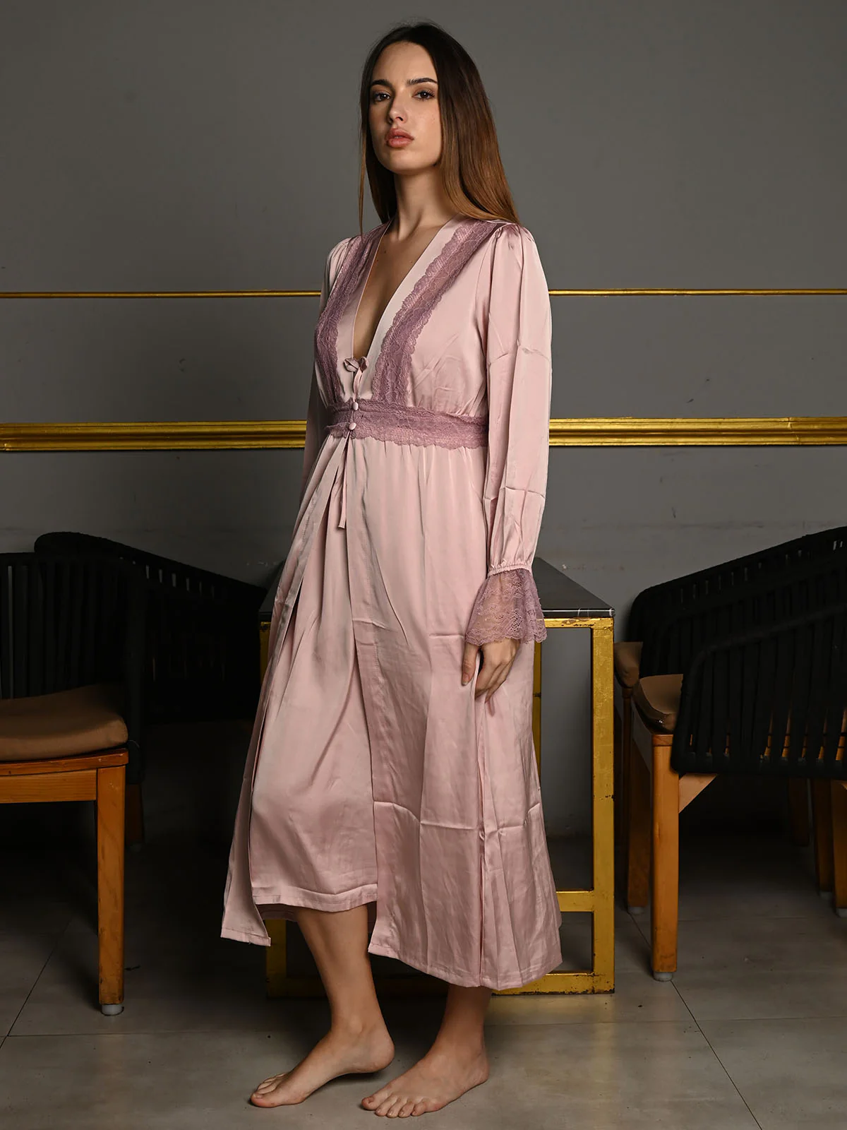 Odette Blush Pink Satin Solid Night Wear Set For Women - Image 3