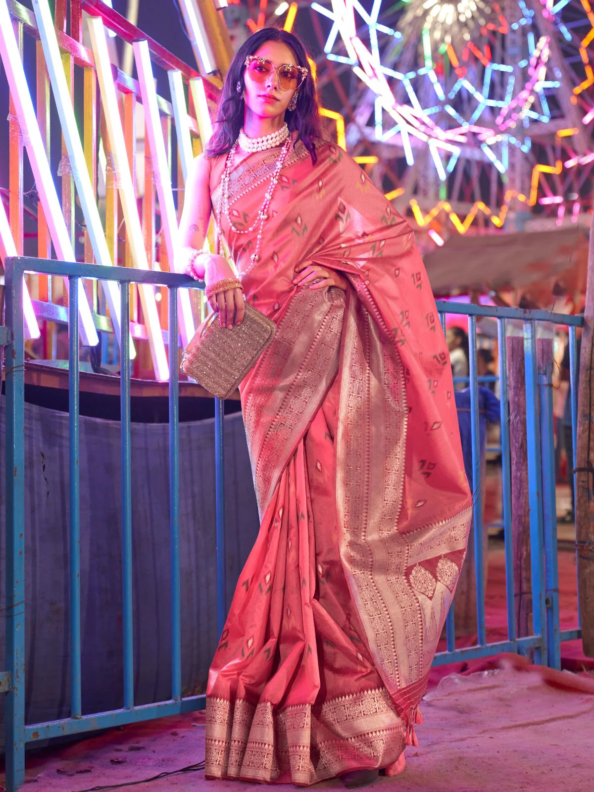Odette Blush Pink Silk Blend Woven Saree With Unstitched Blouse For Women