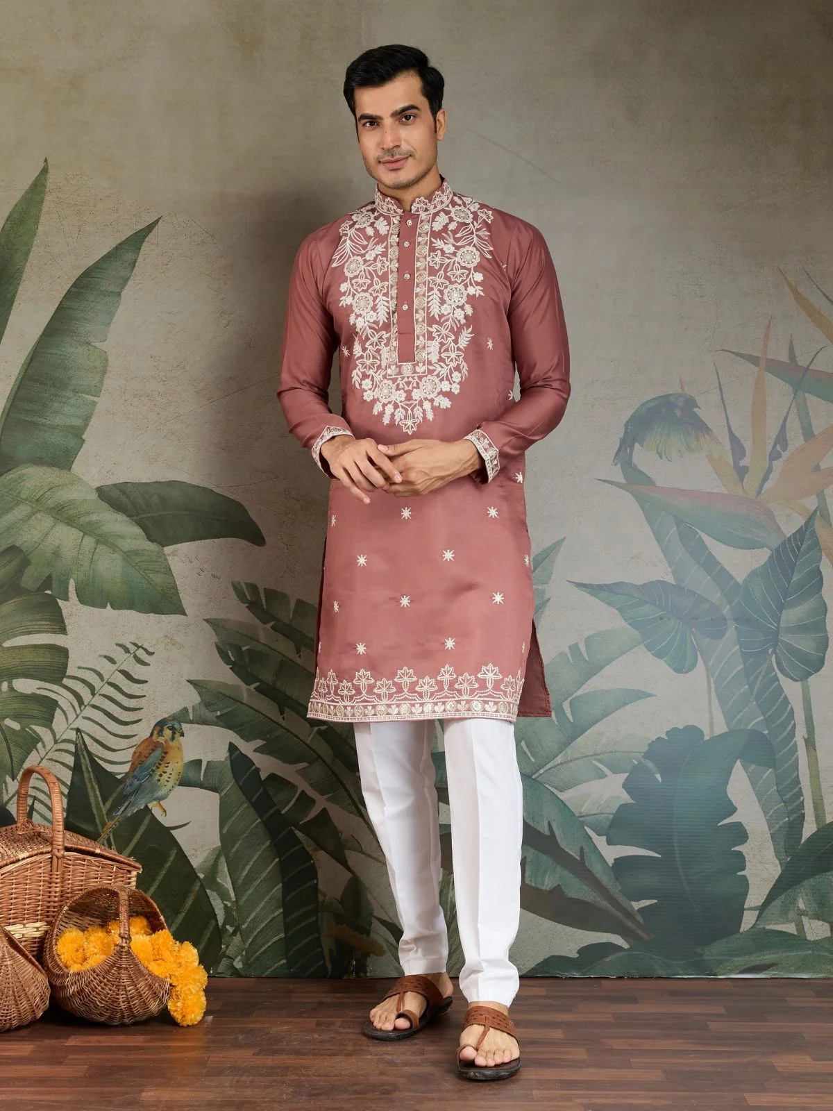 Odette Blush Pink Viscose Silk Embroidered Stitched Kurta For Men