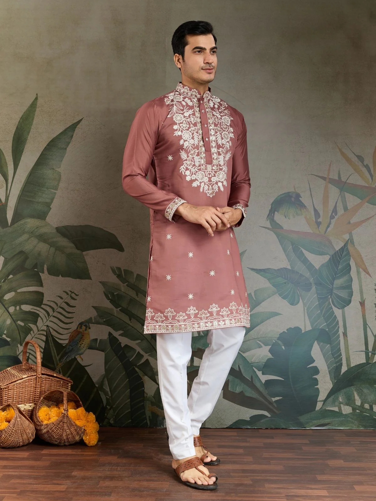 Odette Blush Pink Viscose Silk Embroidered Stitched Kurta For Men - Image 2