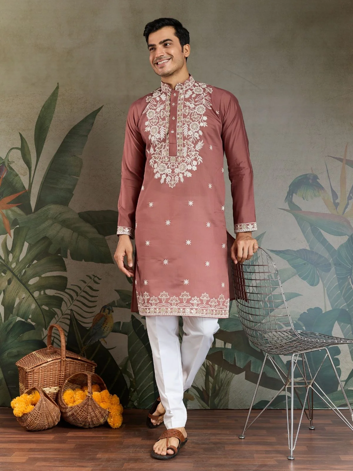 Odette Blush Pink Viscose Silk Embroidered Stitched Kurta For Men - Image 3