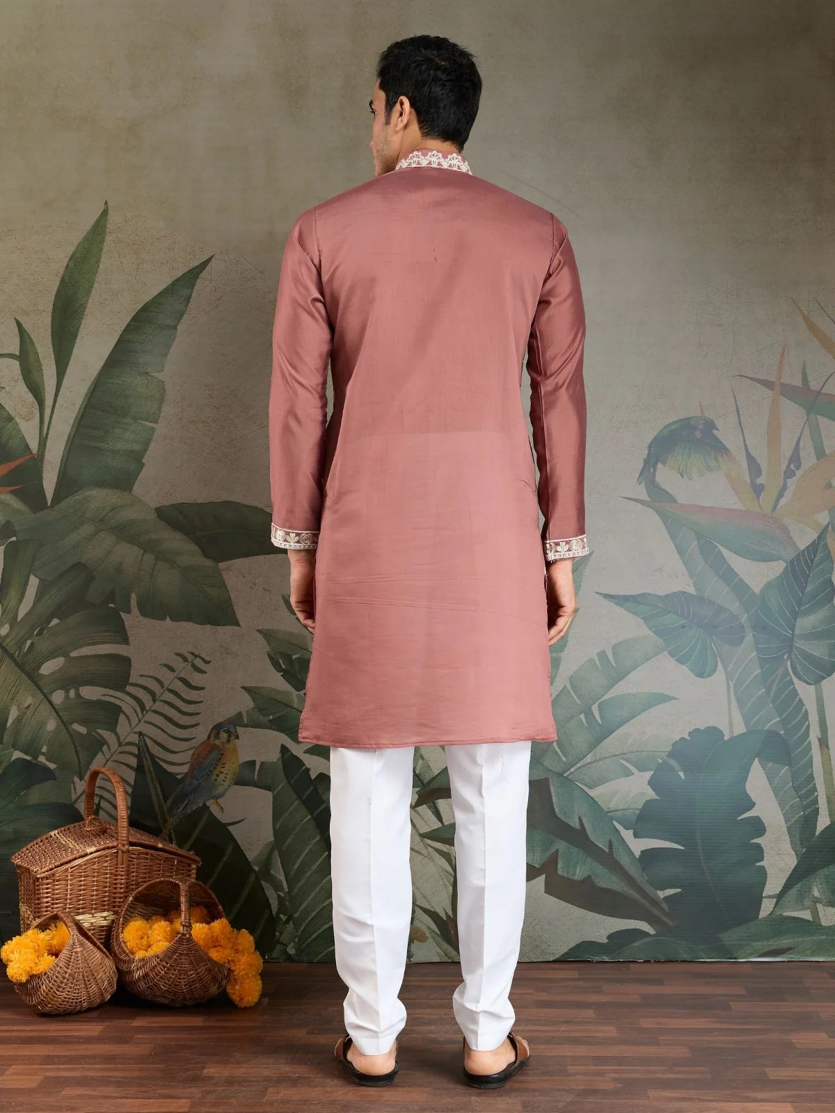 Odette Blush Pink Viscose Silk Embroidered Stitched Kurta For Men - Image 5