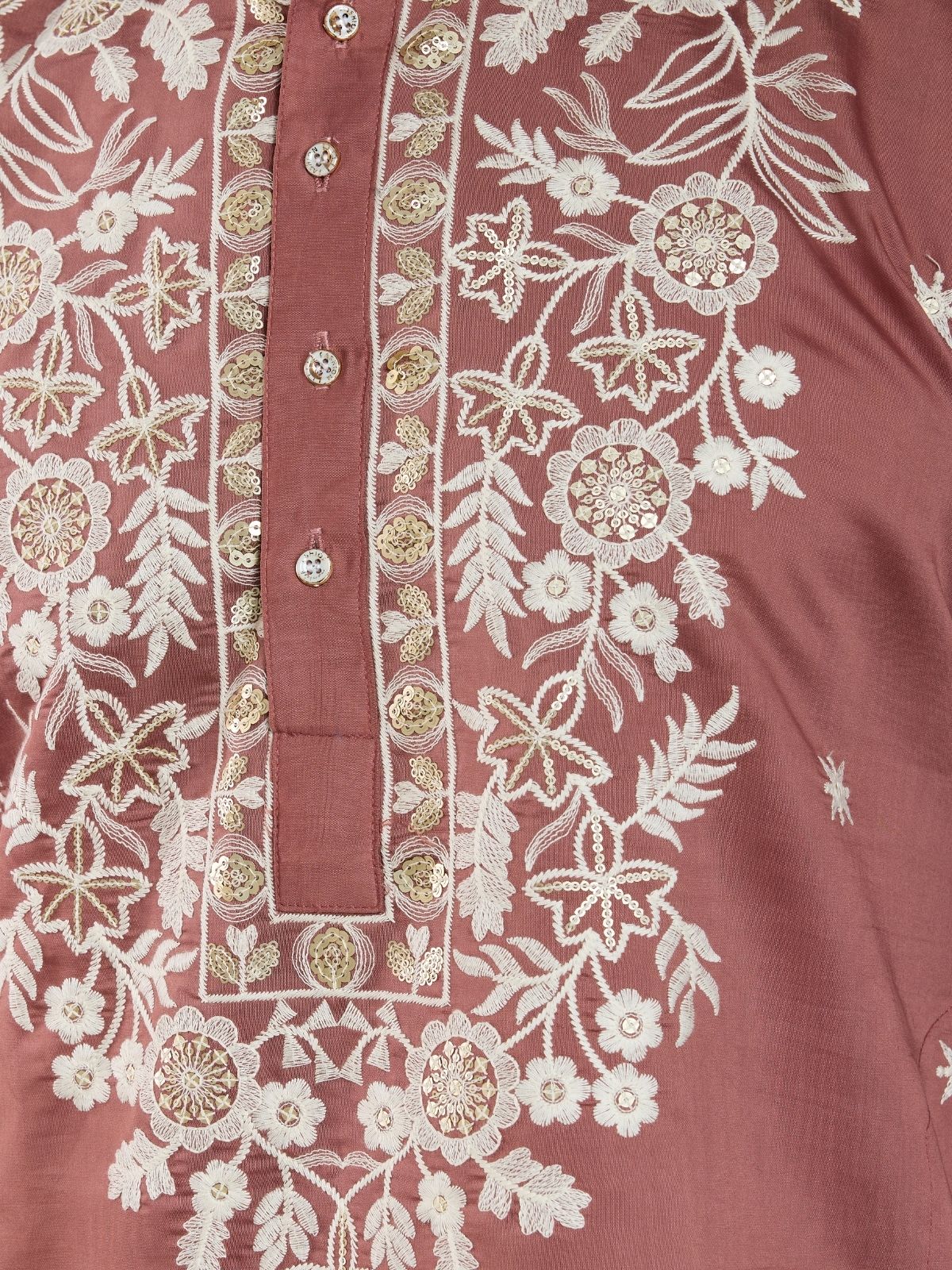 Odette Blush Pink Viscose Silk Embroidered Stitched Kurta For Men - Image 7