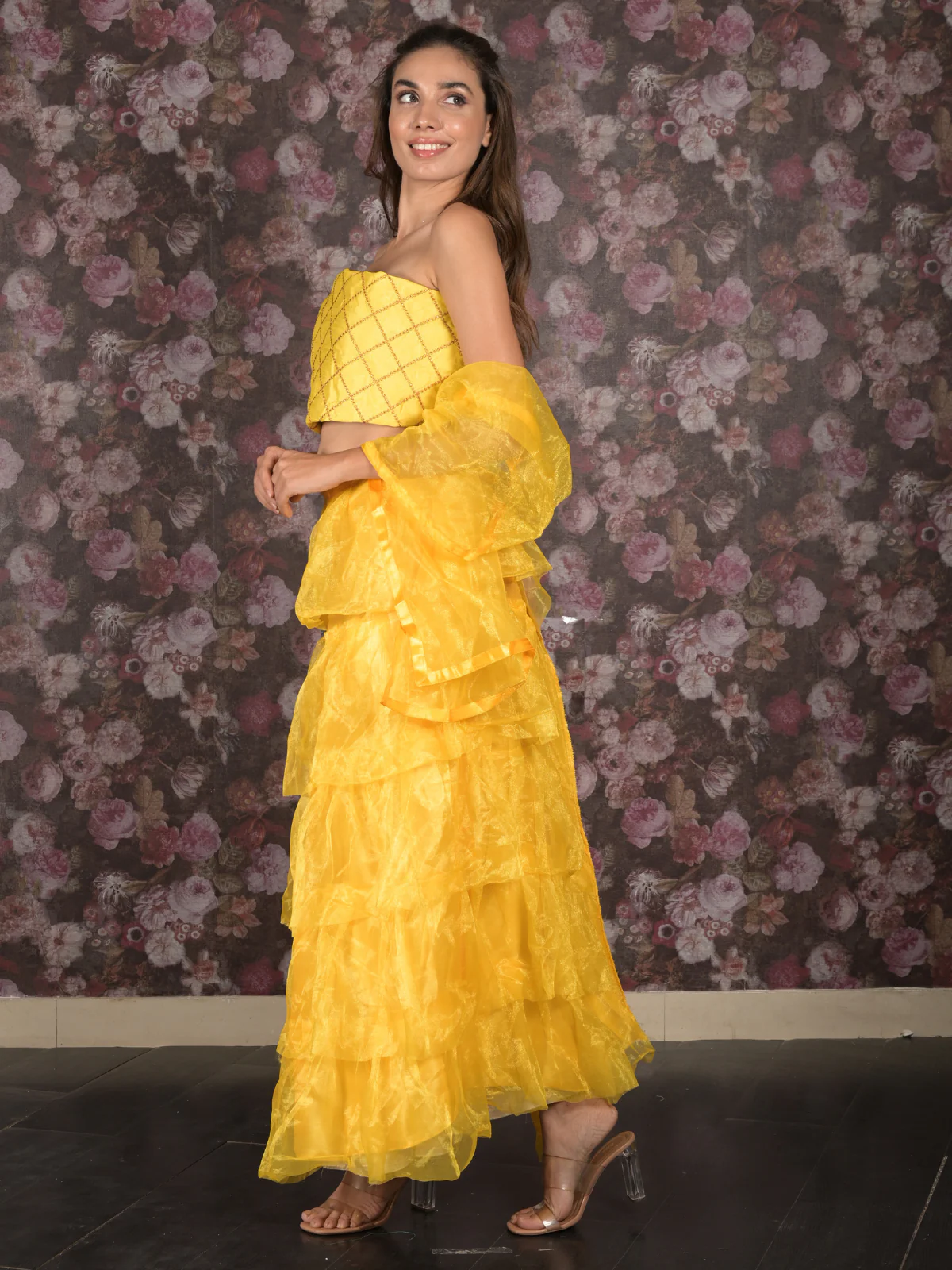 Odette Bright Yellow Net Semi-Stitched Lehenga with Embroidered Unstitched Blouse for Women - Image 3