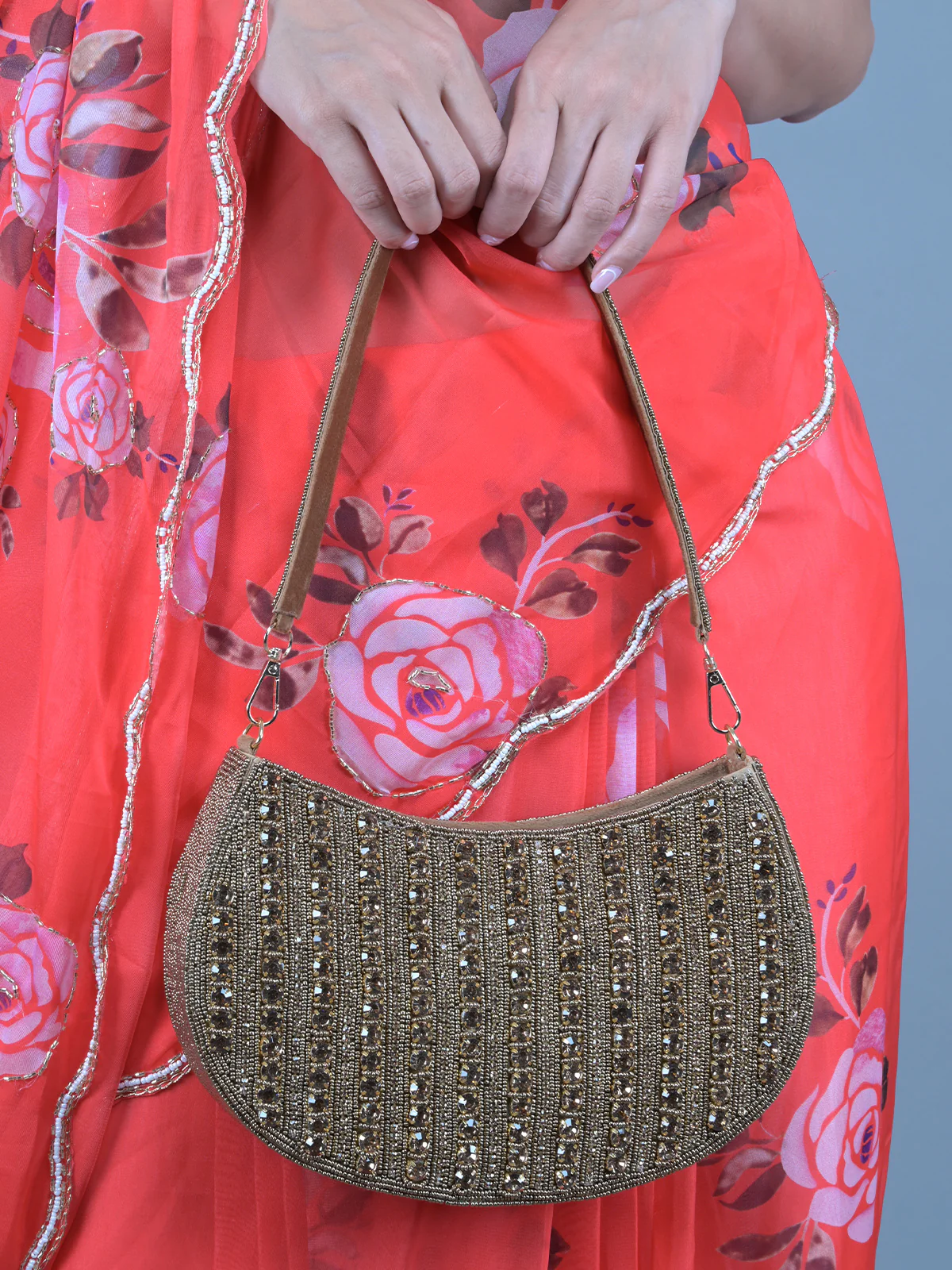 Odette Bronze Stone and Beads Embroidered Half Moon Hand Bag for Women - Image 2