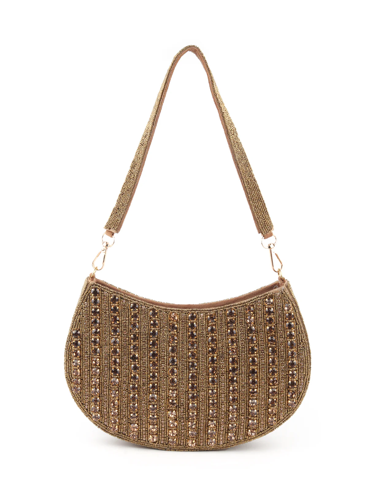 Odette Bronze Stone and Beads Embroidered Half Moon Hand Bag for Women - Image 3