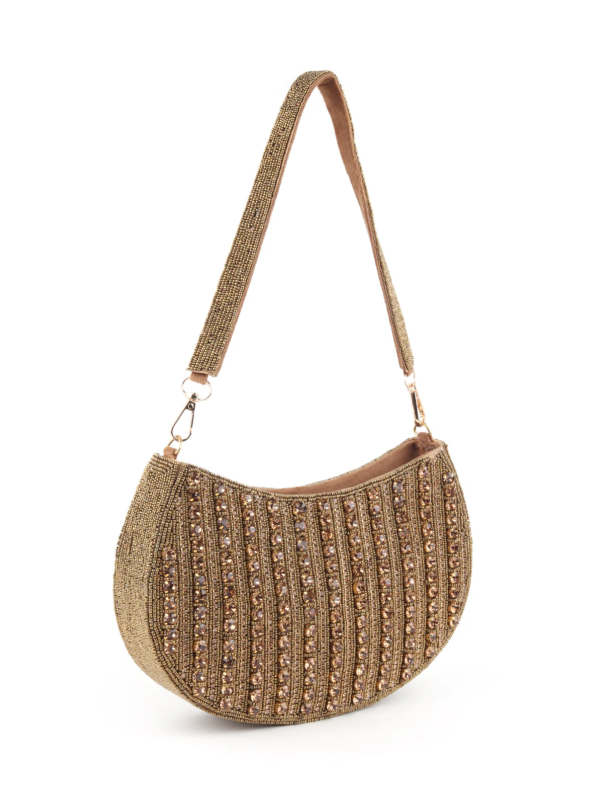 Odette Bronze Stone and Beads Embroidered Half Moon Hand Bag for Women - Image 4