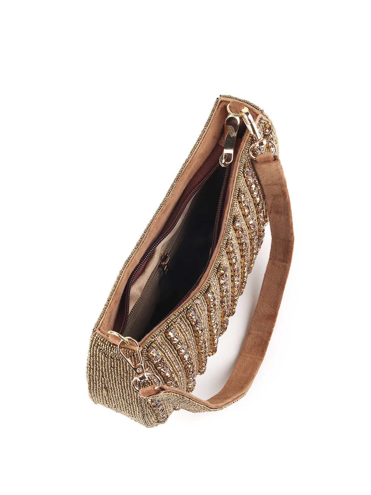 Odette Bronze Stone and Beads Embroidered Half Moon Hand Bag for Women - Image 6