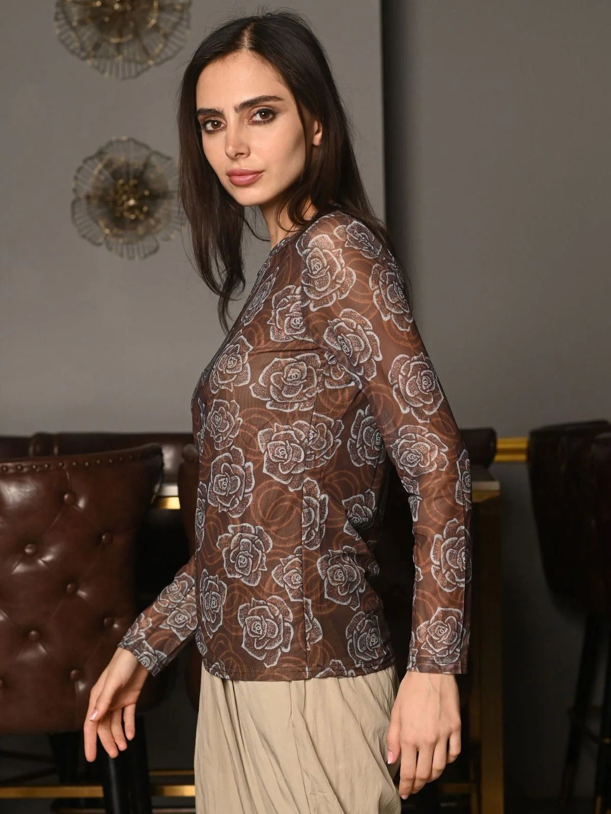 Odette Brown And Blue Net Lycra Printed Top For Women - Image 4
