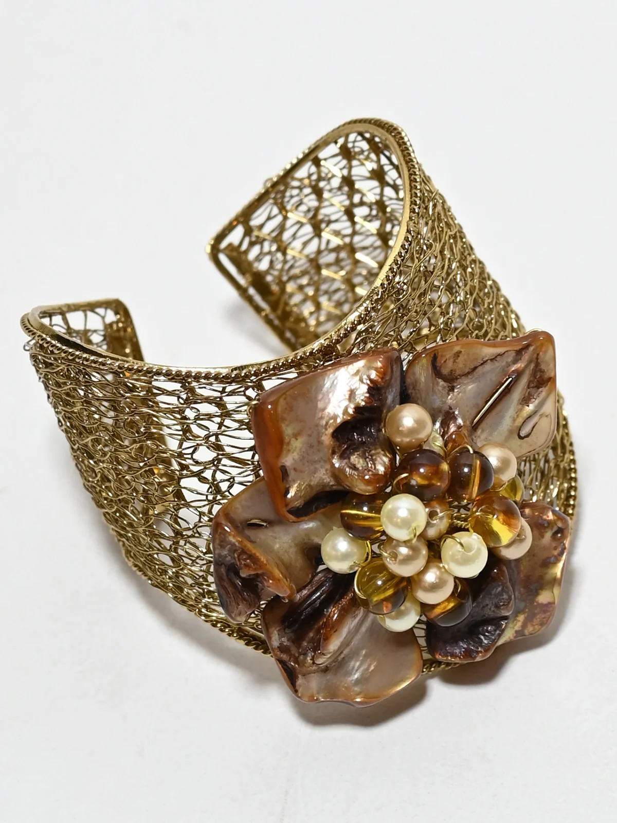 Odette Brown And Golden Alloy Pearl And Stone Cuff Bracelet For Women - Image 5