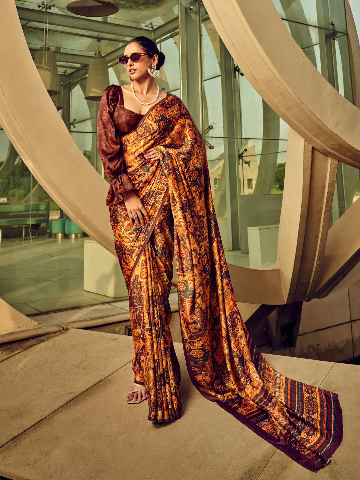 Odette Brown And Rust Satin Printed Saree With Unstitched Blouse For Women