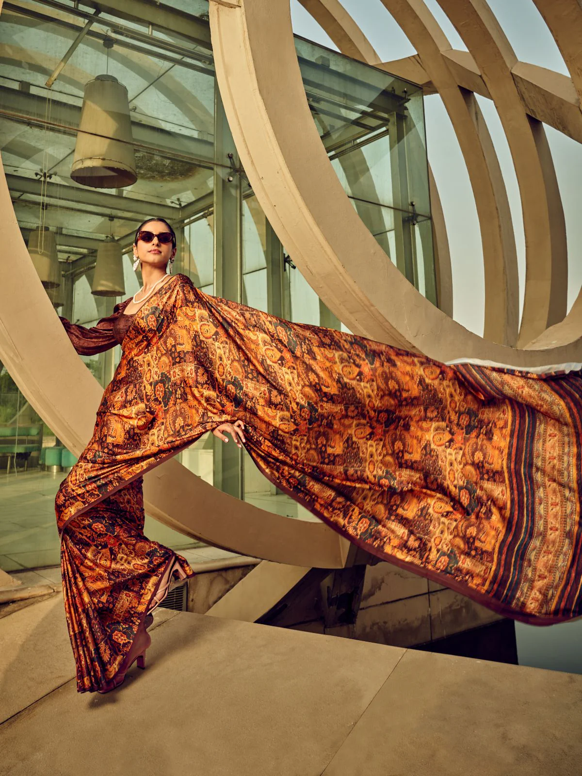 Odette Brown And Rust Satin Printed Saree With Unstitched Blouse For Women - Image 2