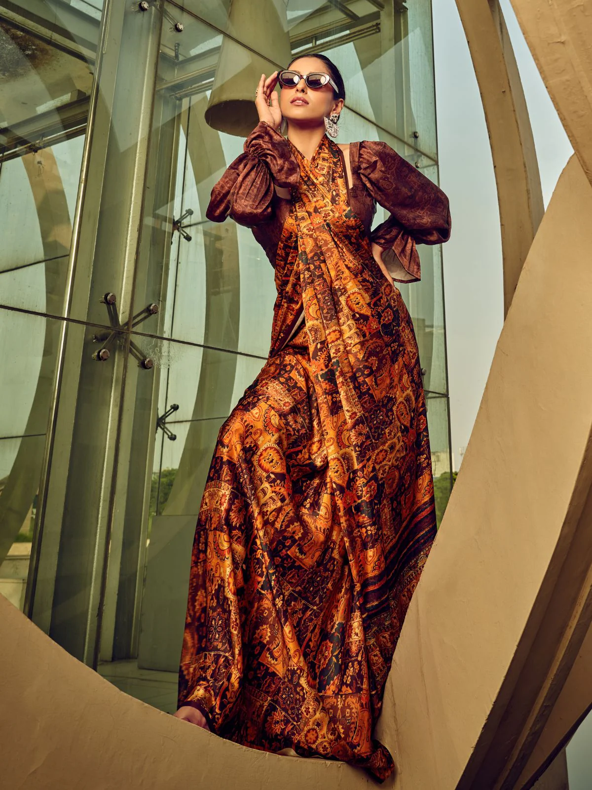 Odette Brown And Rust Satin Printed Saree With Unstitched Blouse For Women - Image 3