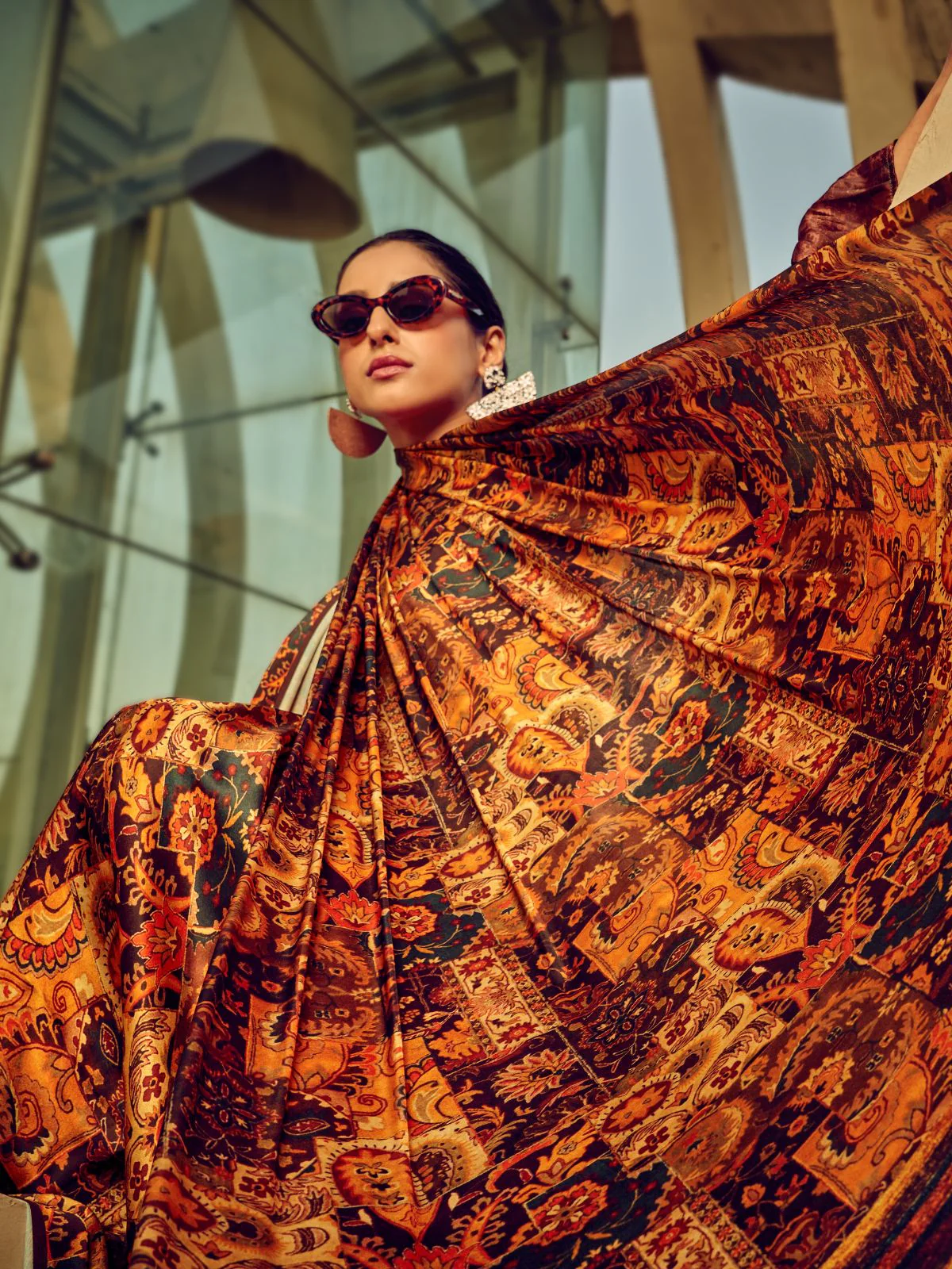 Odette Brown And Rust Satin Printed Saree With Unstitched Blouse For Women - Image 4