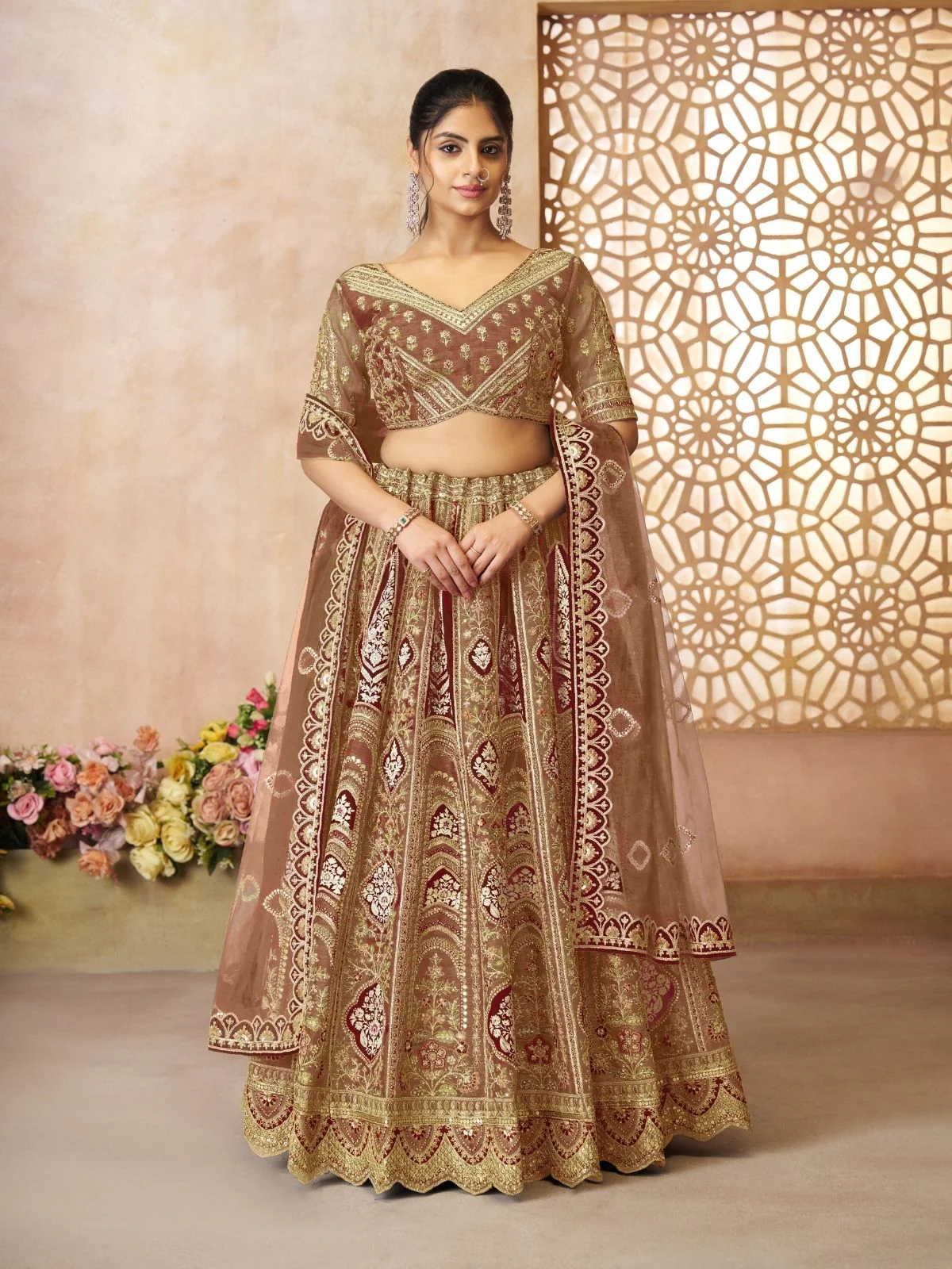 Odette Brown Banarasi Silk Embroidered Semi-Stitched Lehenga For Women