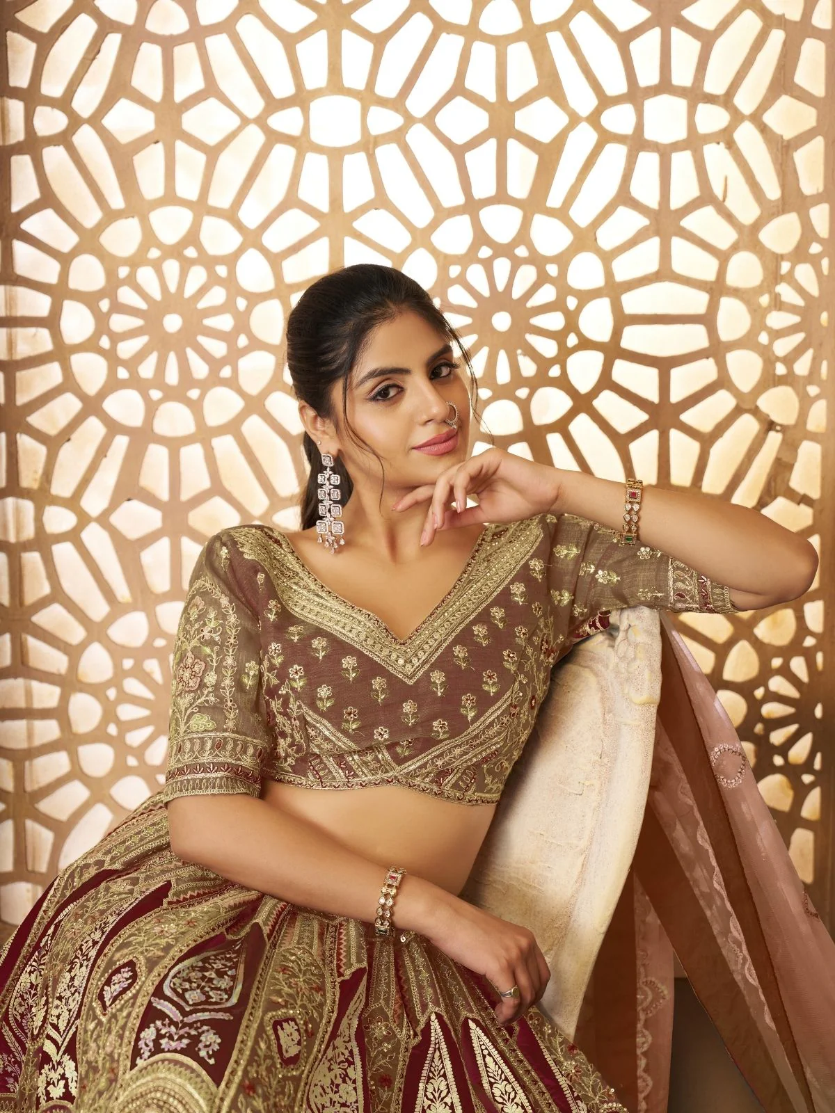 Odette Brown Banarasi Silk Embroidered Semi-Stitched Lehenga For Women - Image 4