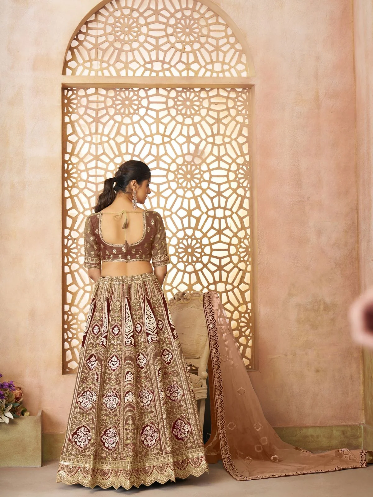 Odette Brown Banarasi Silk Embroidered Semi-Stitched Lehenga For Women - Image 5