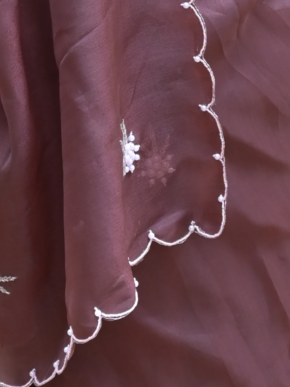 Odette Brown Beads Embroidered Khadi Organza Saree with Unstitched Blouse for Women - Image 5