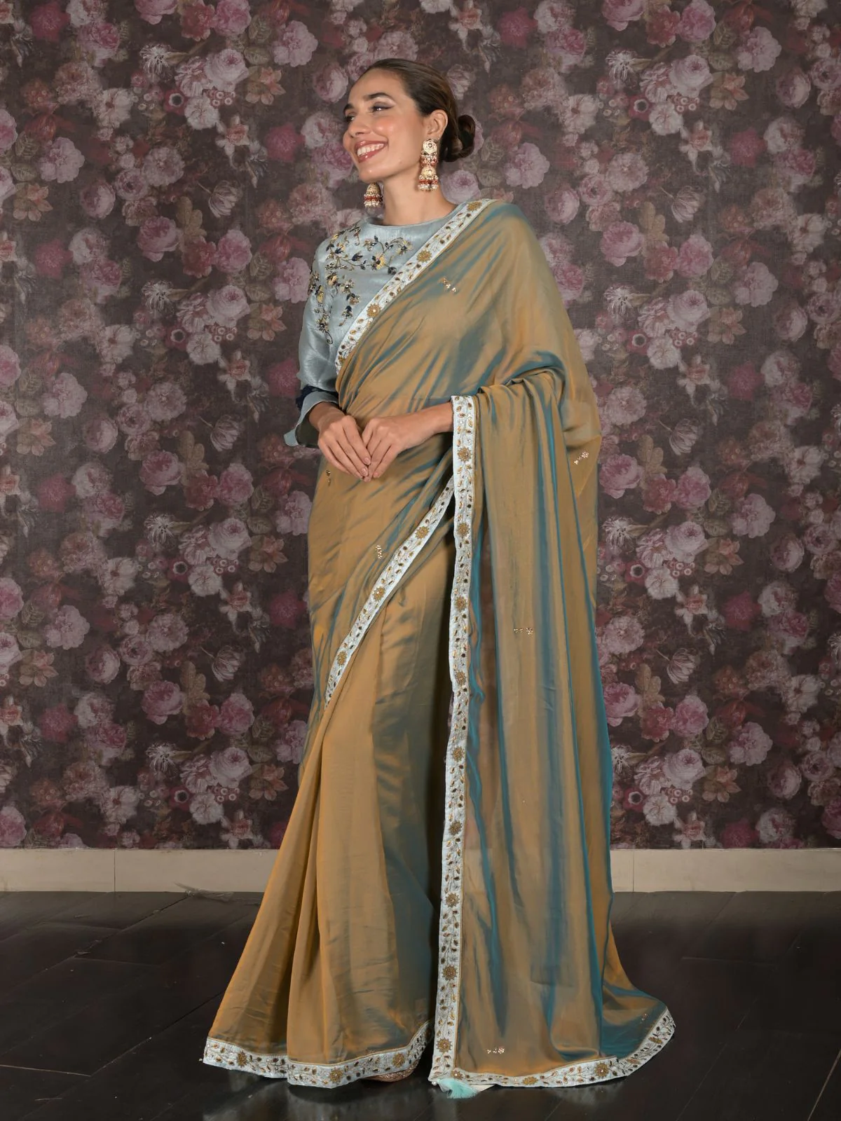 Odette Brown Blue Shaded Crepe Saree with Stitched Blouse for Women - Image 2
