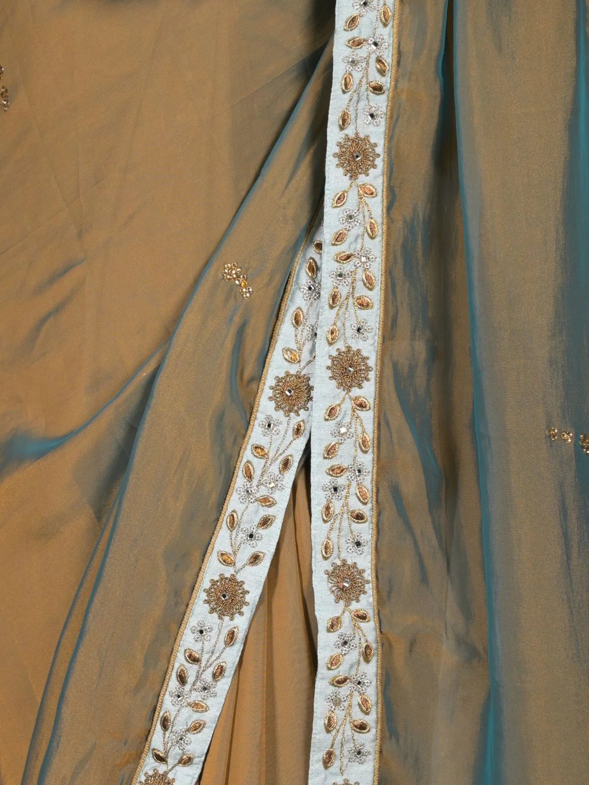 Odette Brown Blue Shaded Crepe Saree with Stitched Blouse for Women - Image 5