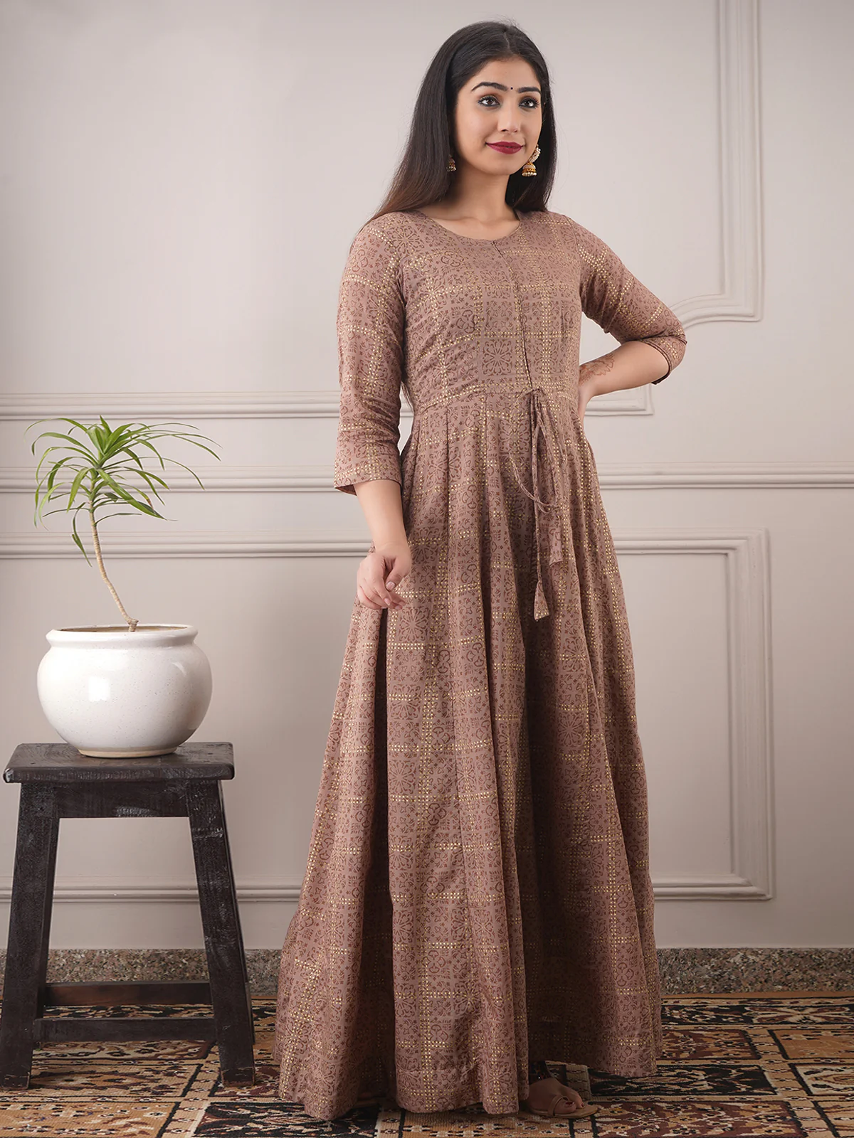 Odette Brown Chanderi Printed Stitched Gown for Women - Image 2