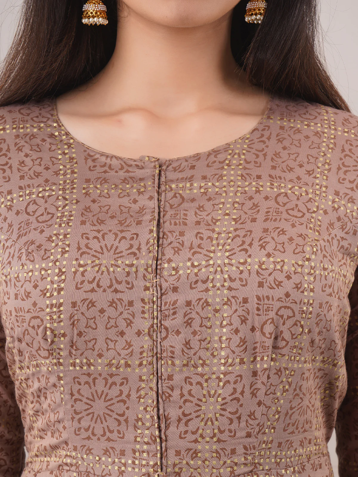 Odette Brown Chanderi Printed Stitched Gown for Women - Image 4