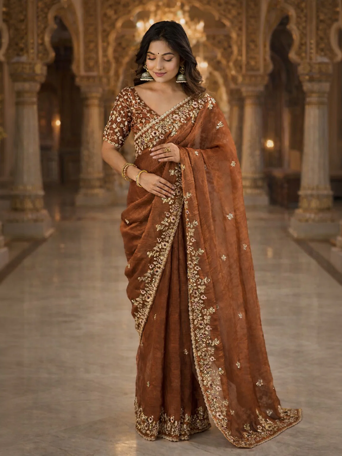 Odette Brown Chiffon Embellished Solid Saree For Women