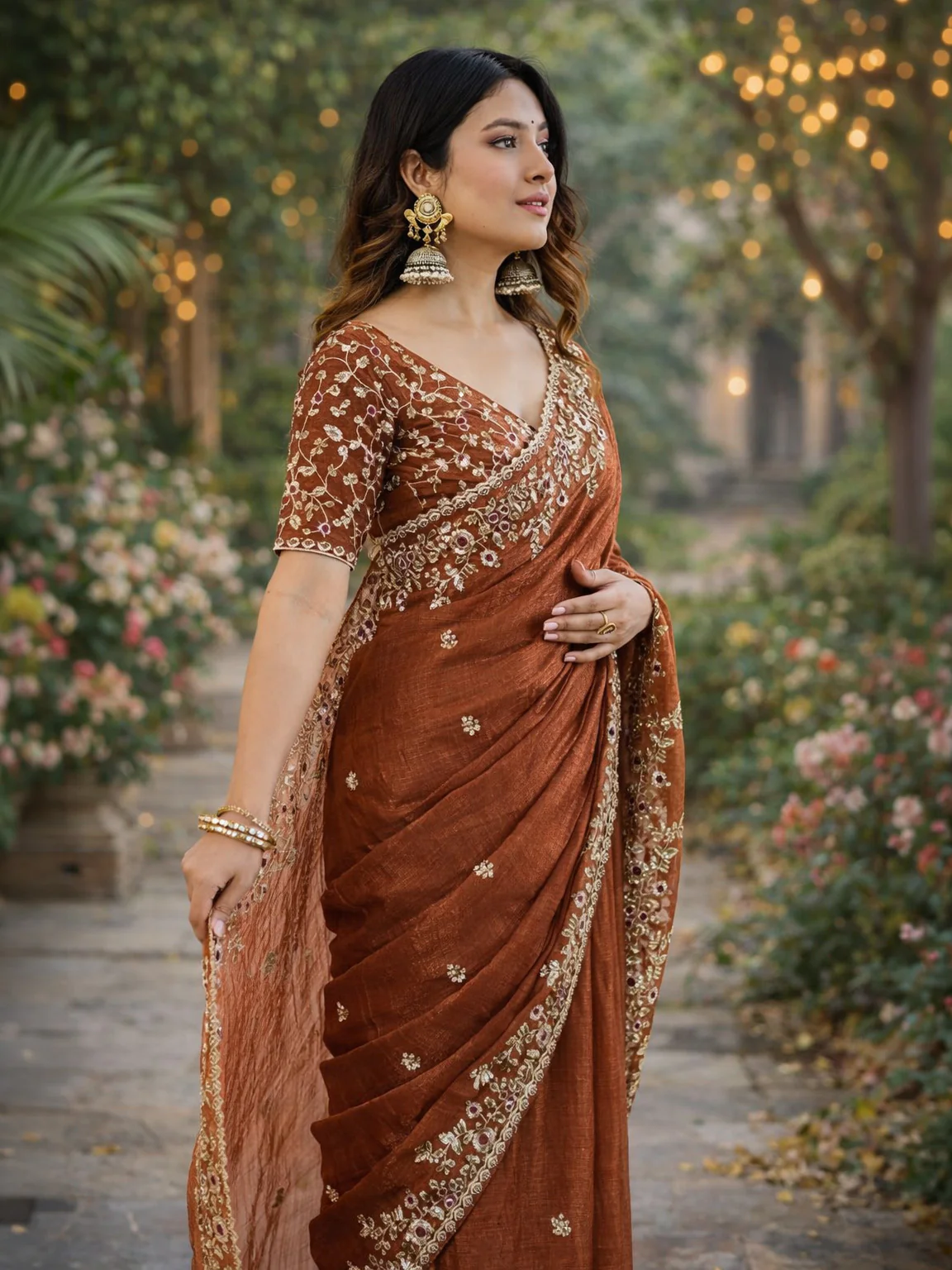 Odette Brown Chiffon Embellished Solid Saree For Women - Image 2