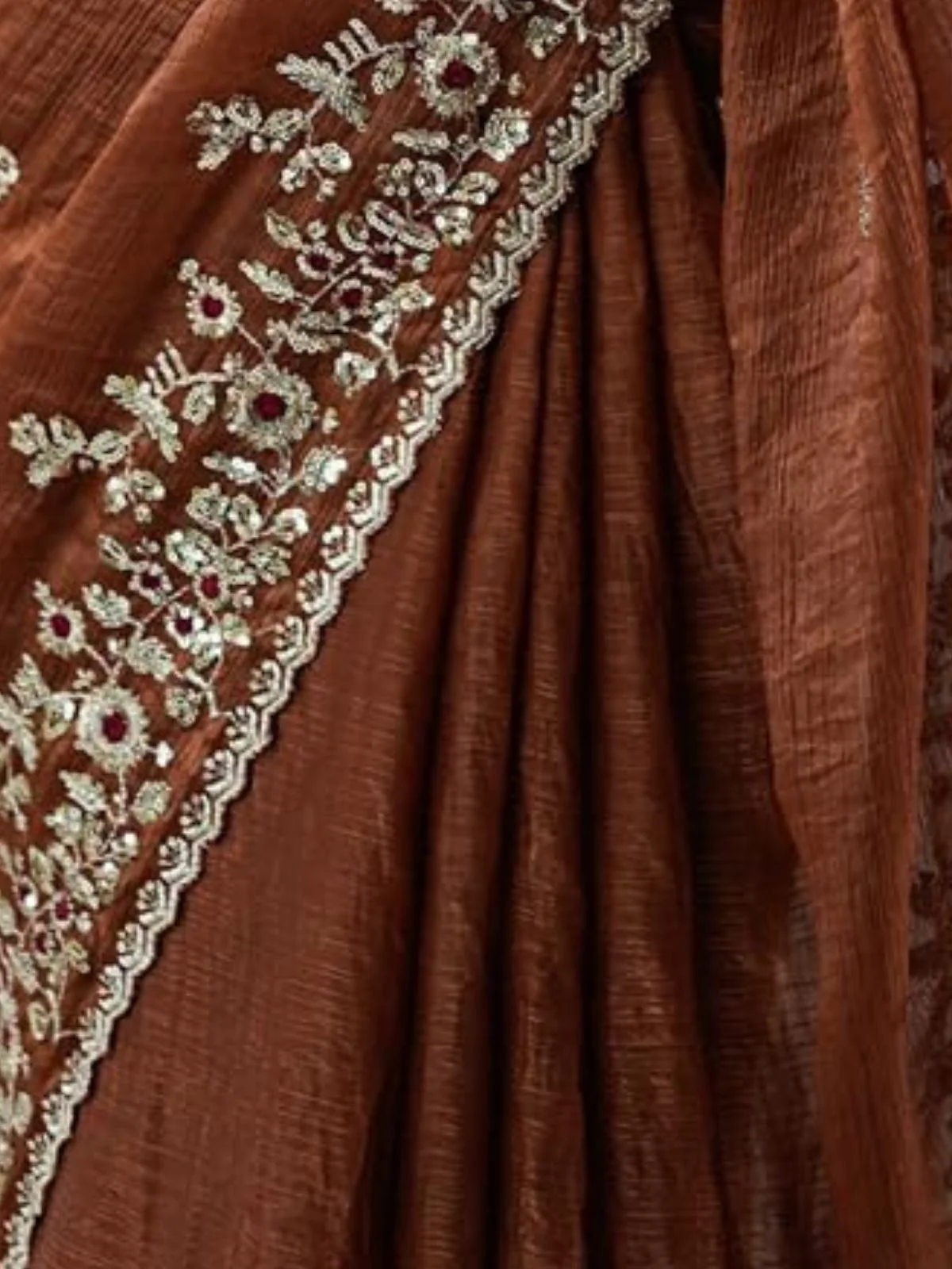 Odette Brown Chiffon Embellished Solid Saree For Women - Image 5