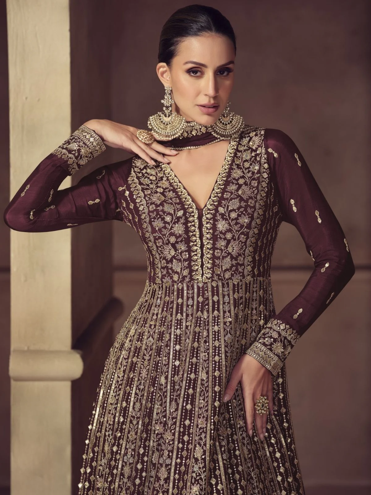Odette Brown Chinon Embellished Semi Stitched Kurta Set For Women - Image 2