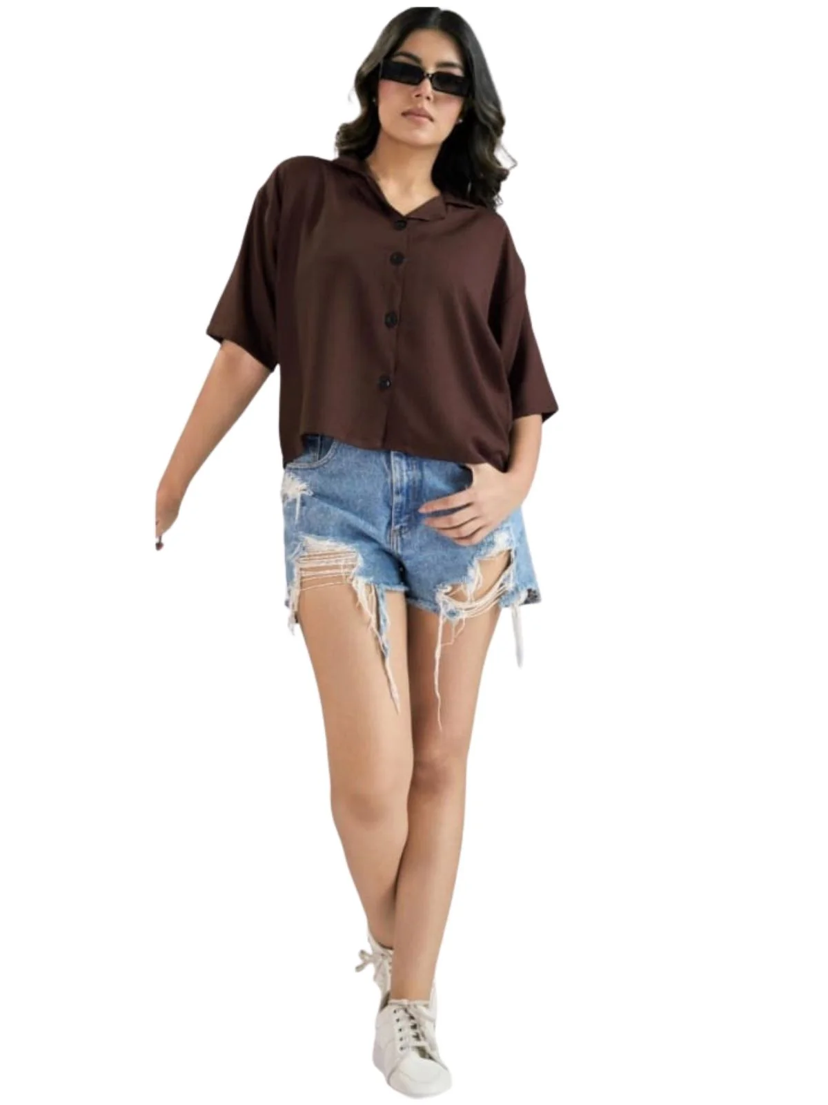 Odette Brown Cotton Blend Solid Shirt For Women