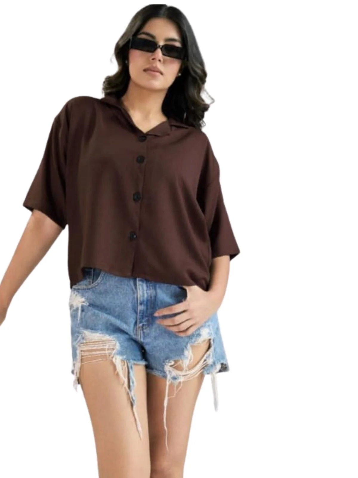 Odette Brown Cotton Blend Solid Shirt For Women - Image 2