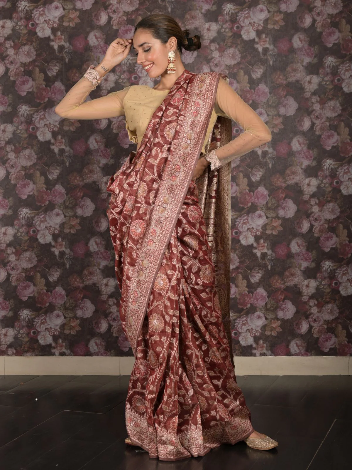 Odette Brown Cotton Blend Woven Saree with Unstitched Blouse for Women - Image 2