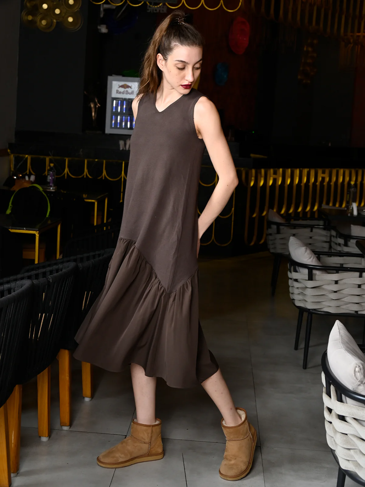 Odette Brown Cotton Jersey And Polyester Solid Dress for Women - Image 3