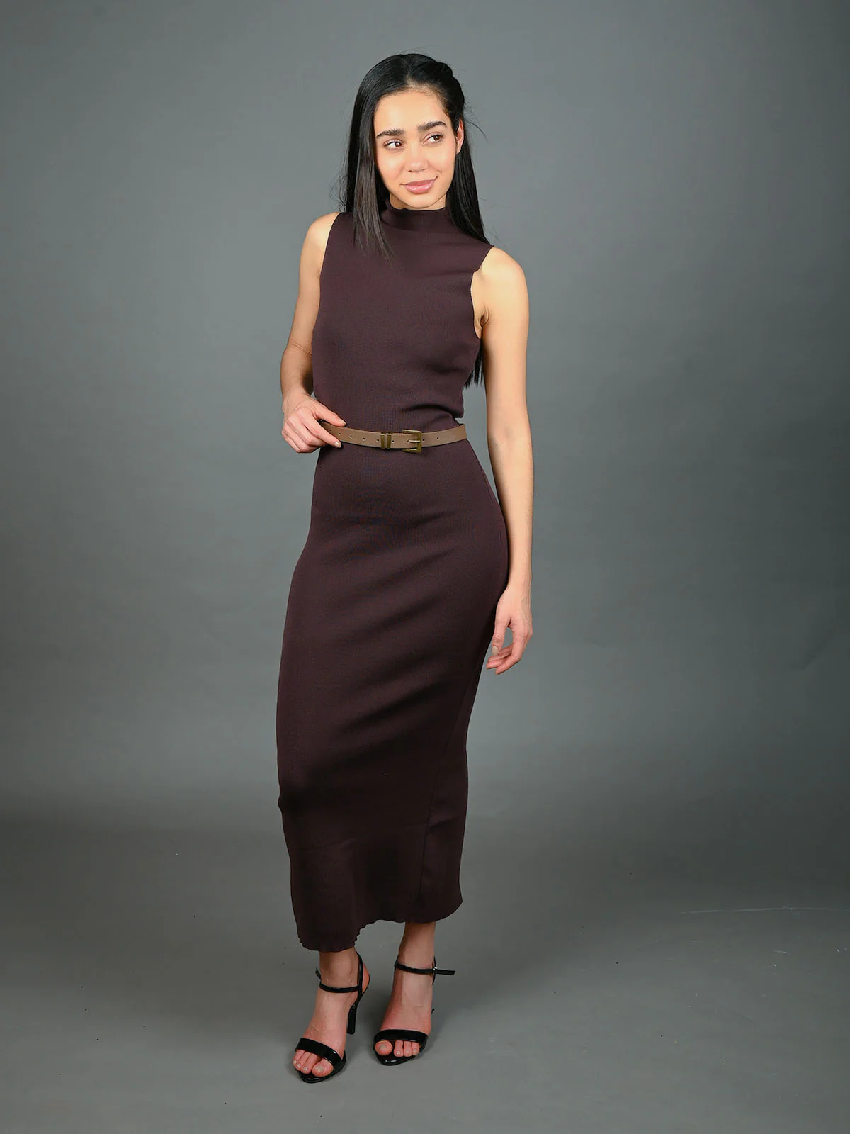 Odette Brown Cotton Rib Solid With Waist Belt Dress For Women - Image 2