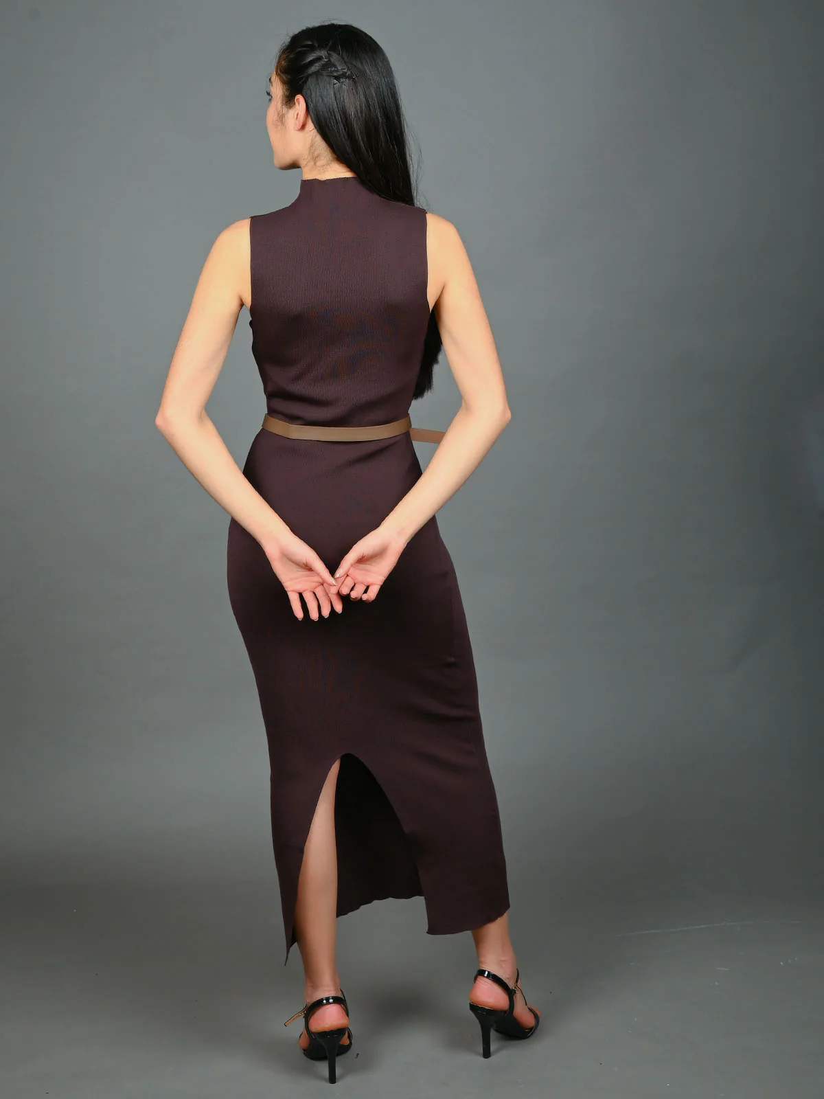 Odette Brown Cotton Rib Solid With Waist Belt Dress For Women - Image 4
