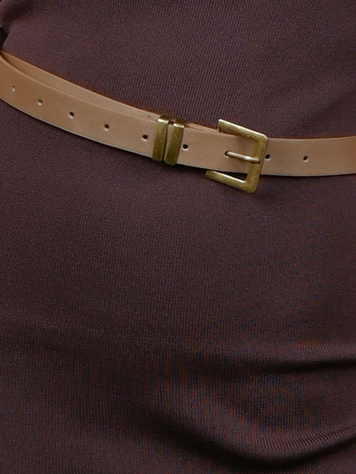 Odette Brown Cotton Rib Solid With Waist Belt Dress For Women - Image 5