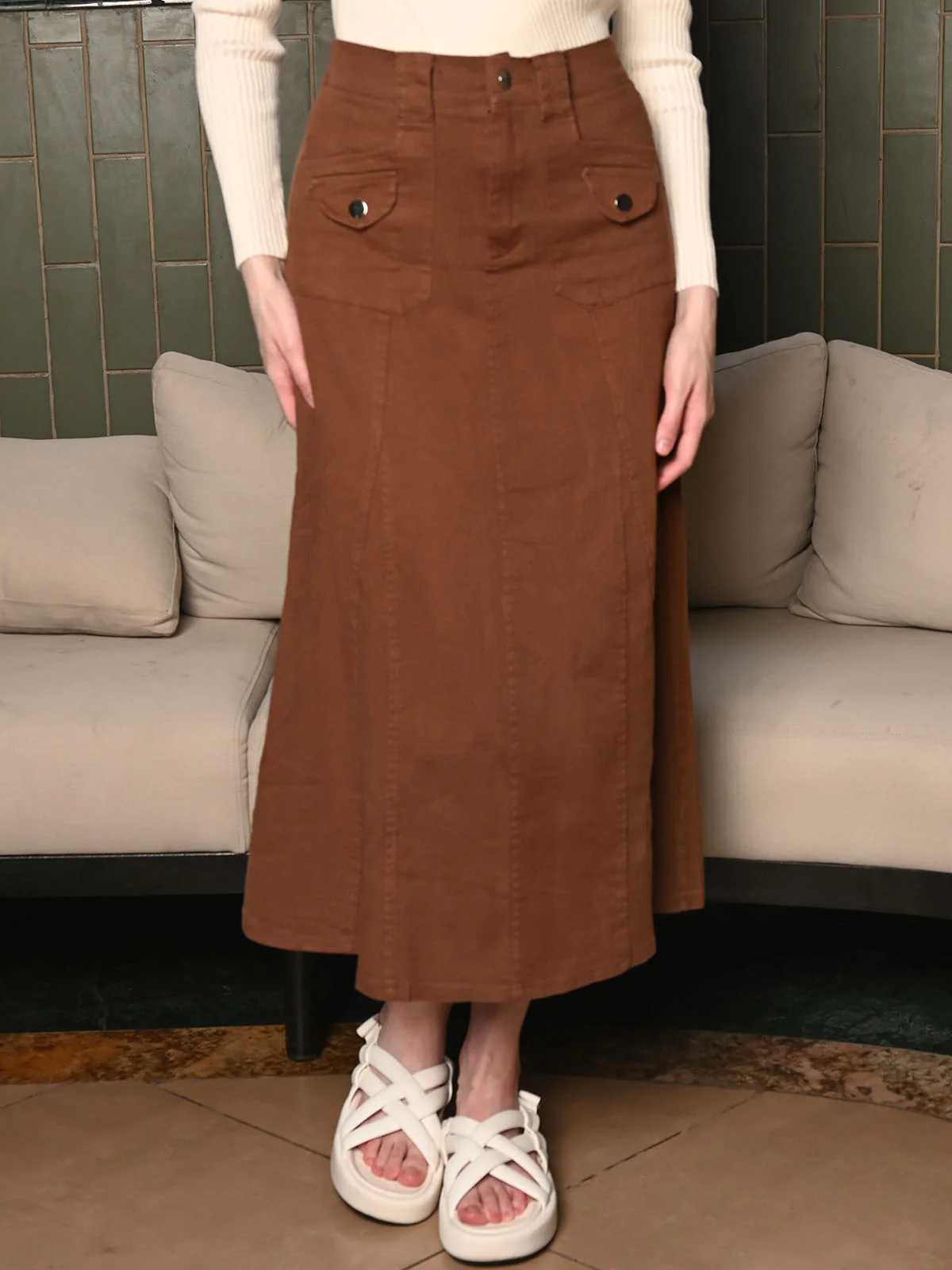 Odette Brown Denim Solid Skirt For Women - Image 2