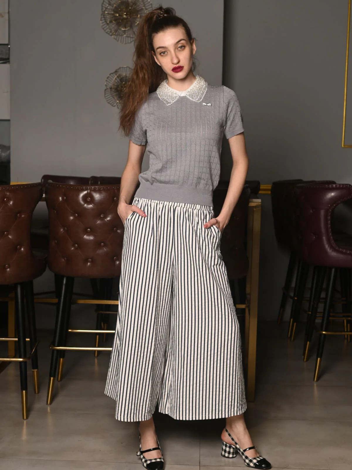 Odette Grey Designed Rib Embroidered Collared Top For Women - Image 2