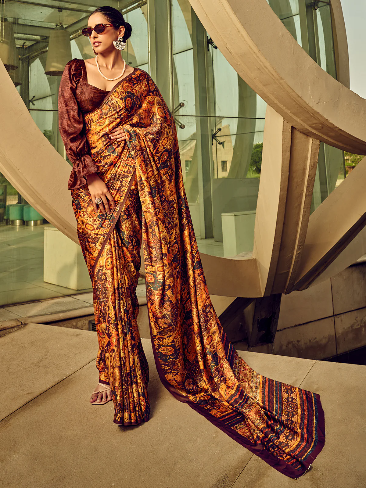 Odette Brown Digital Printed Saree For Women