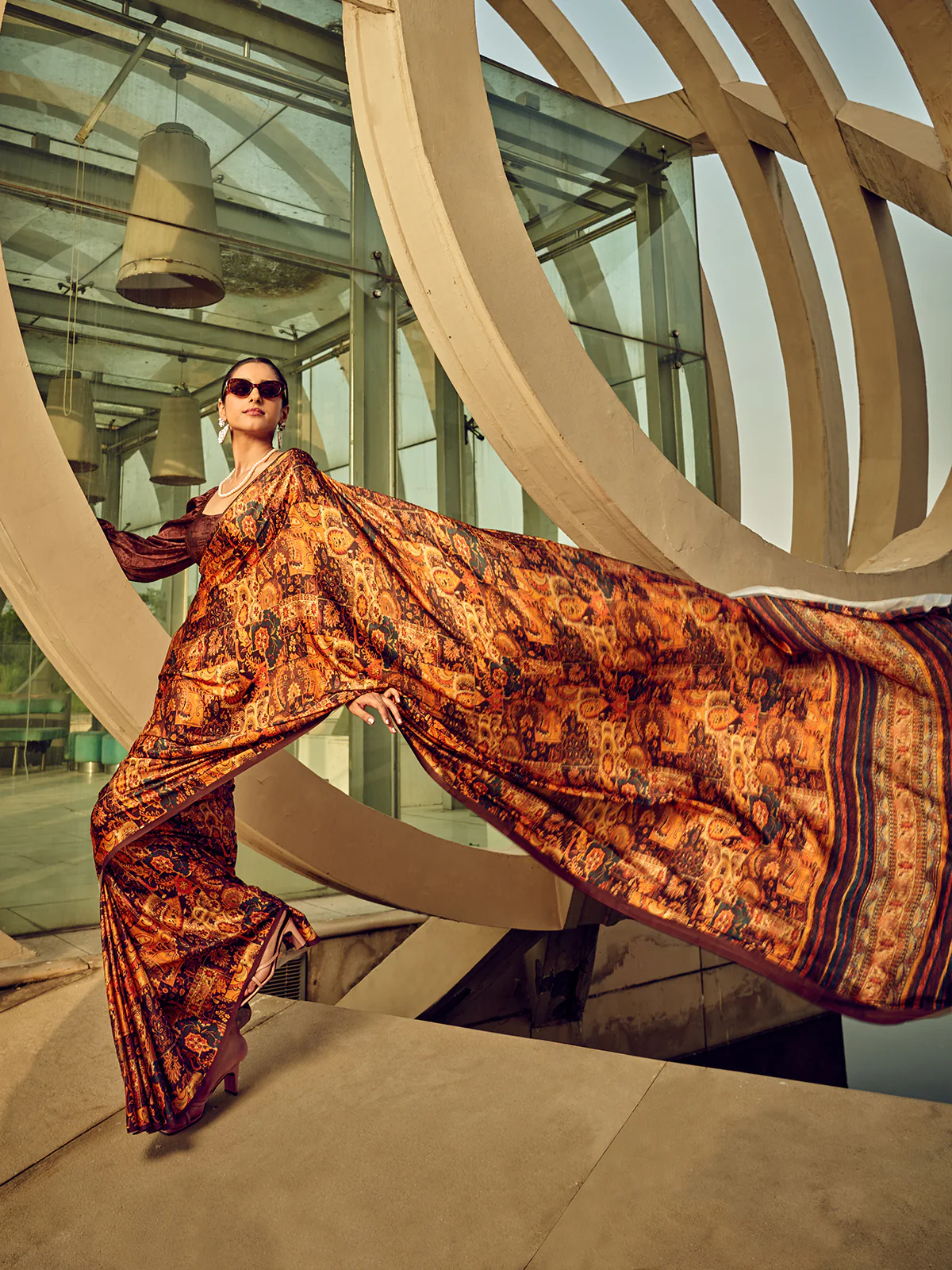 Odette Brown Digital Printed Saree For Women - Image 3