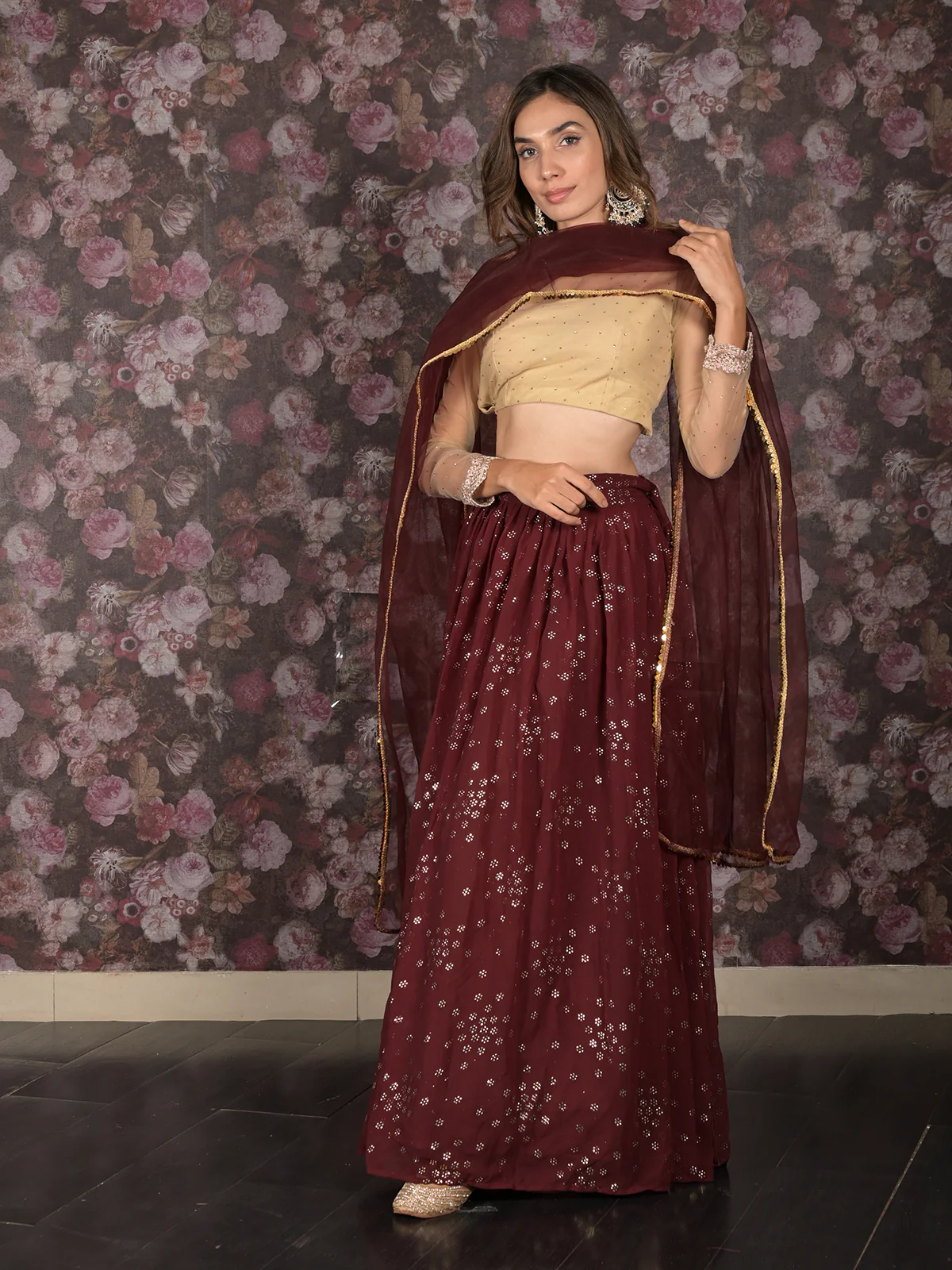 Odette Brown Embellished Georgette Semi-Stitched Lehenga with Unstitched Blouse for Women - Image 2