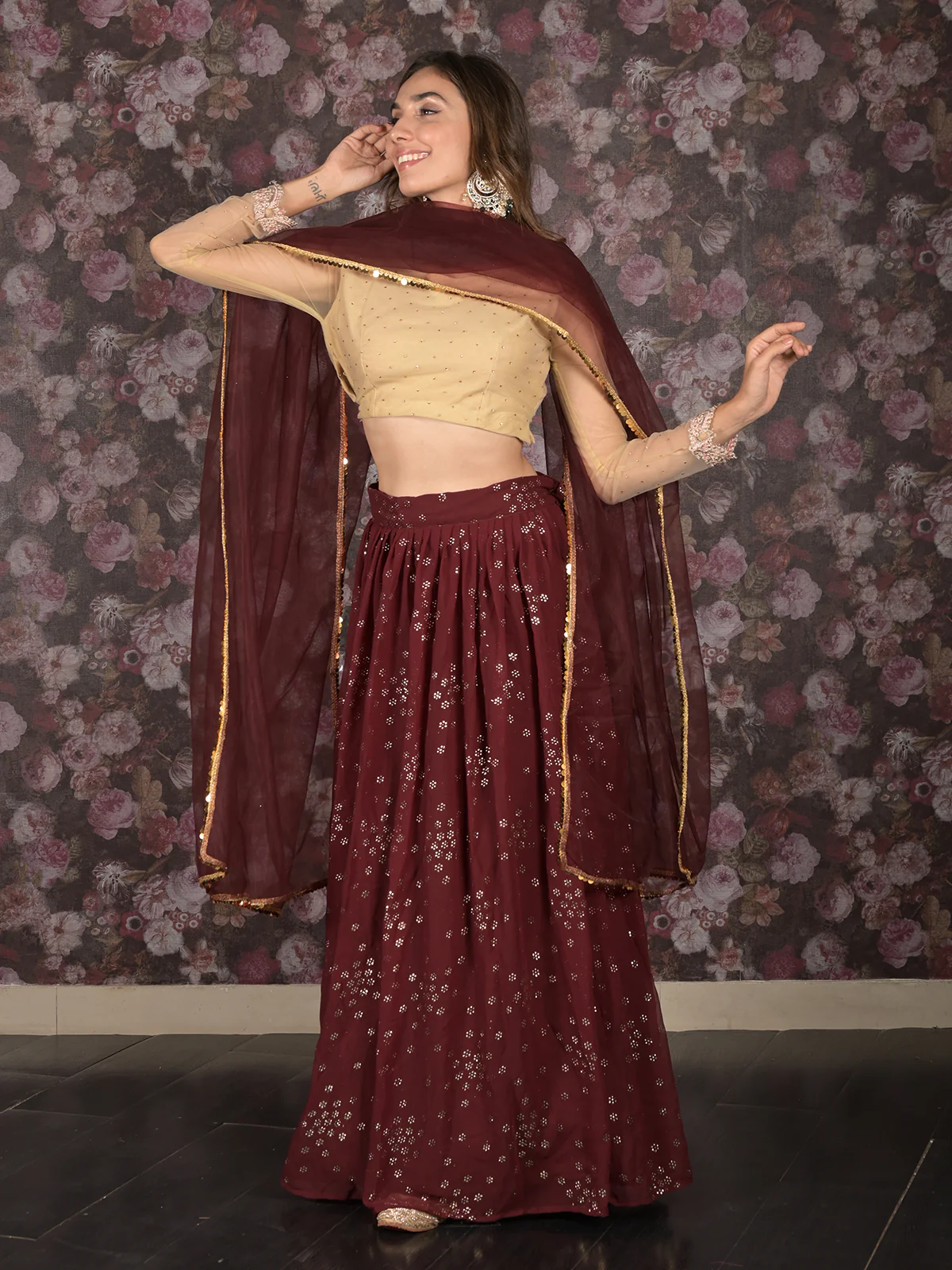 Odette Brown Embellished Georgette Semi-Stitched Lehenga with Unstitched Blouse for Women - Image 4